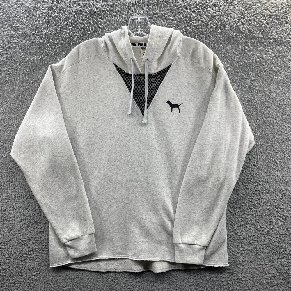 Victoria's Secret PINK Hoodie Women's‎ Size Small Gray Campus Hi Low Mesh V-Neck